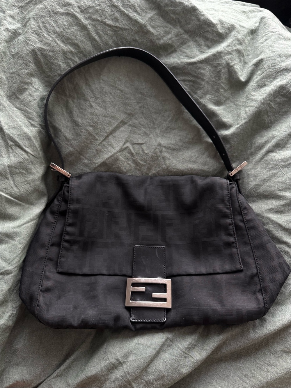 Fendi Zucchino Mama Baguette Shoulder Bag in Black